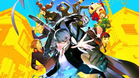 Key art for Persona 4 Revival showing the party of characters posing in a stack in front of a blue and yellow-tinted Inaba