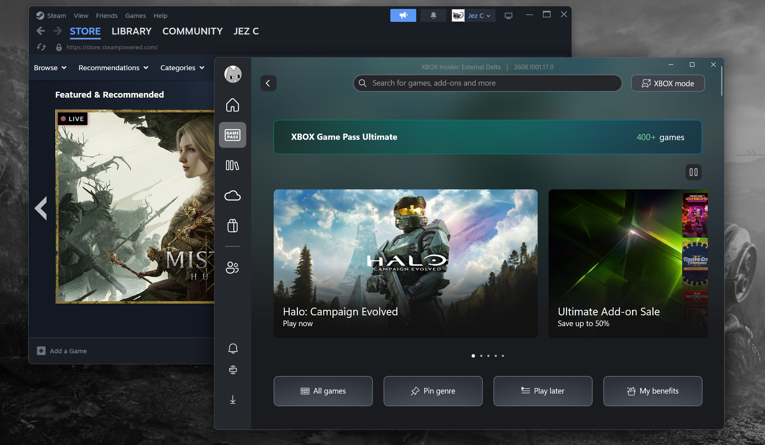 Xbox PC app and Steam on a Windows desktop