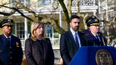 Jessica Tisch, commissioner of the New York Police Department (NYPD), second left, and Zohran Mamdani, mayor of New York, center, during a news conference at Gracie Mansion in New York, US, on Monday, March 9, 2026. New York City's police commissioner said authorities are investigating whether an incident in which two men allegedly brought improvised explosive devices to a protest outside the mayor's residence in New York was an act of "ISIS-inspired" terrorism. Photographer: Lloyd Mitchell/Bloomberg via Getty Images