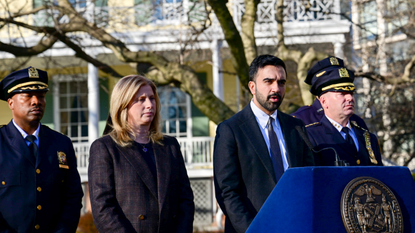 Jessica Tisch, commissioner of the New York Police Department (NYPD), second left, and Zohran Mamdani, mayor of New York, center, during a news conference at Gracie Mansion in New York, US, on Monday, March 9, 2026. New York City's police commissioner said authorities are investigating whether an incident in which two men allegedly brought improvised explosive devices to a protest outside the mayor's residence in New York was an act of "ISIS-inspired" terrorism. Photographer: Lloyd Mitchell/Bloomberg via Getty Images