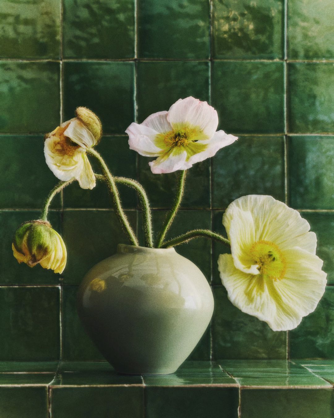 H&amp;amp;M Irregular Stoneware Vase filled with large white and yellow flowers and placed atop green glazed tiling.