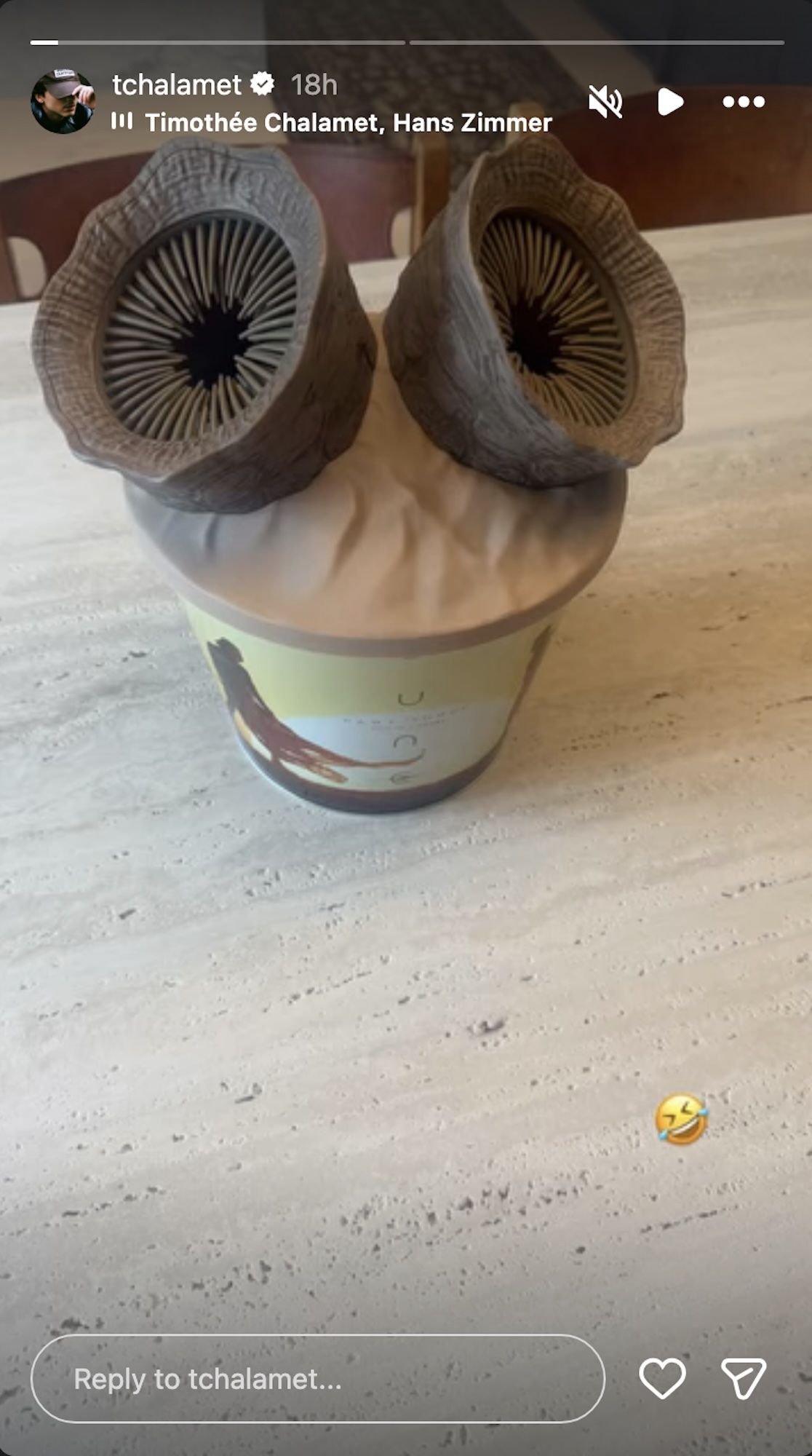 Chalamet posting the new Dune popcorn bucket with the crying laughing emoji.
