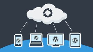 An abstract image showing Wordpress being backed up to the cloud from different devices.