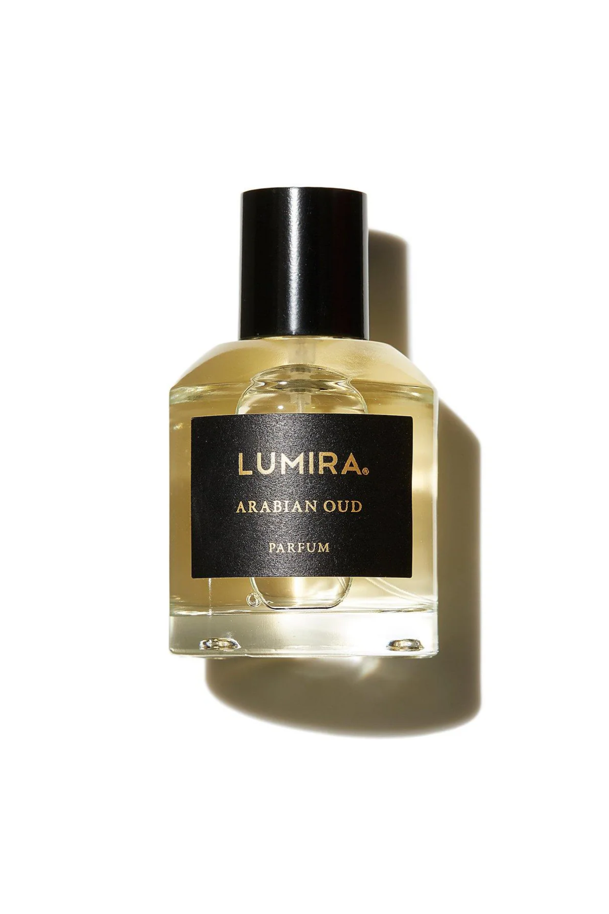 A bottle of Lumira Arabian Oud perfume against a white background.