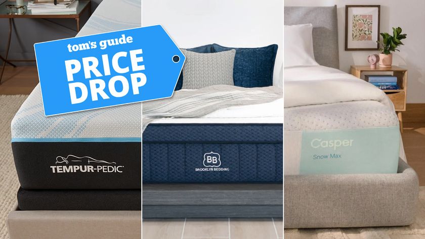 Composite image of the Tempur-Breeze, Brooklyn Bedding Aurora Luxe and Casper Snow Max cooling mattresses, with a Tom&#039;s Guide badge overlaid saying &quot;PRICE DROP&quot;