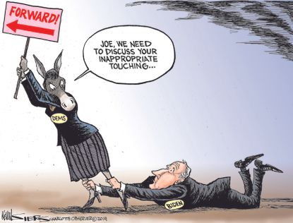 Political Cartoon U.S. Joe Biden touching controversy democrats
