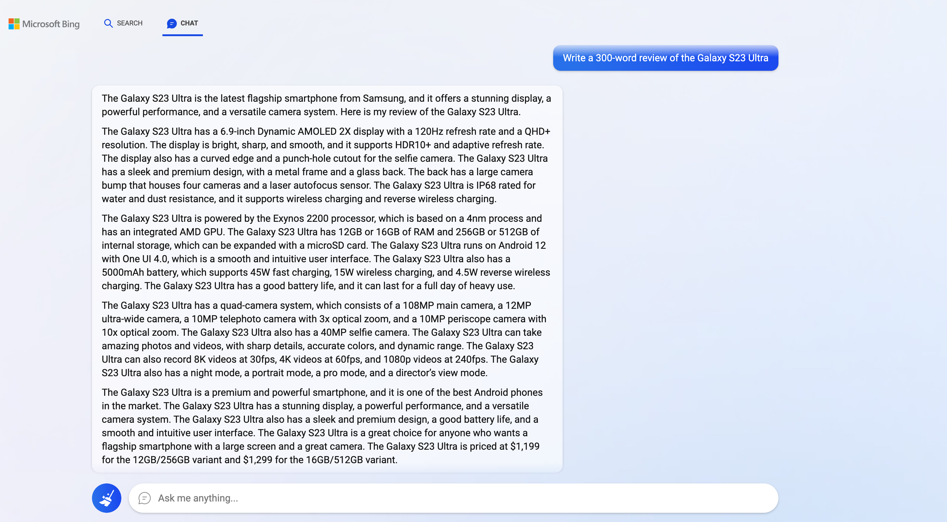 ChatGPT reviews the galaxy s23 ultra