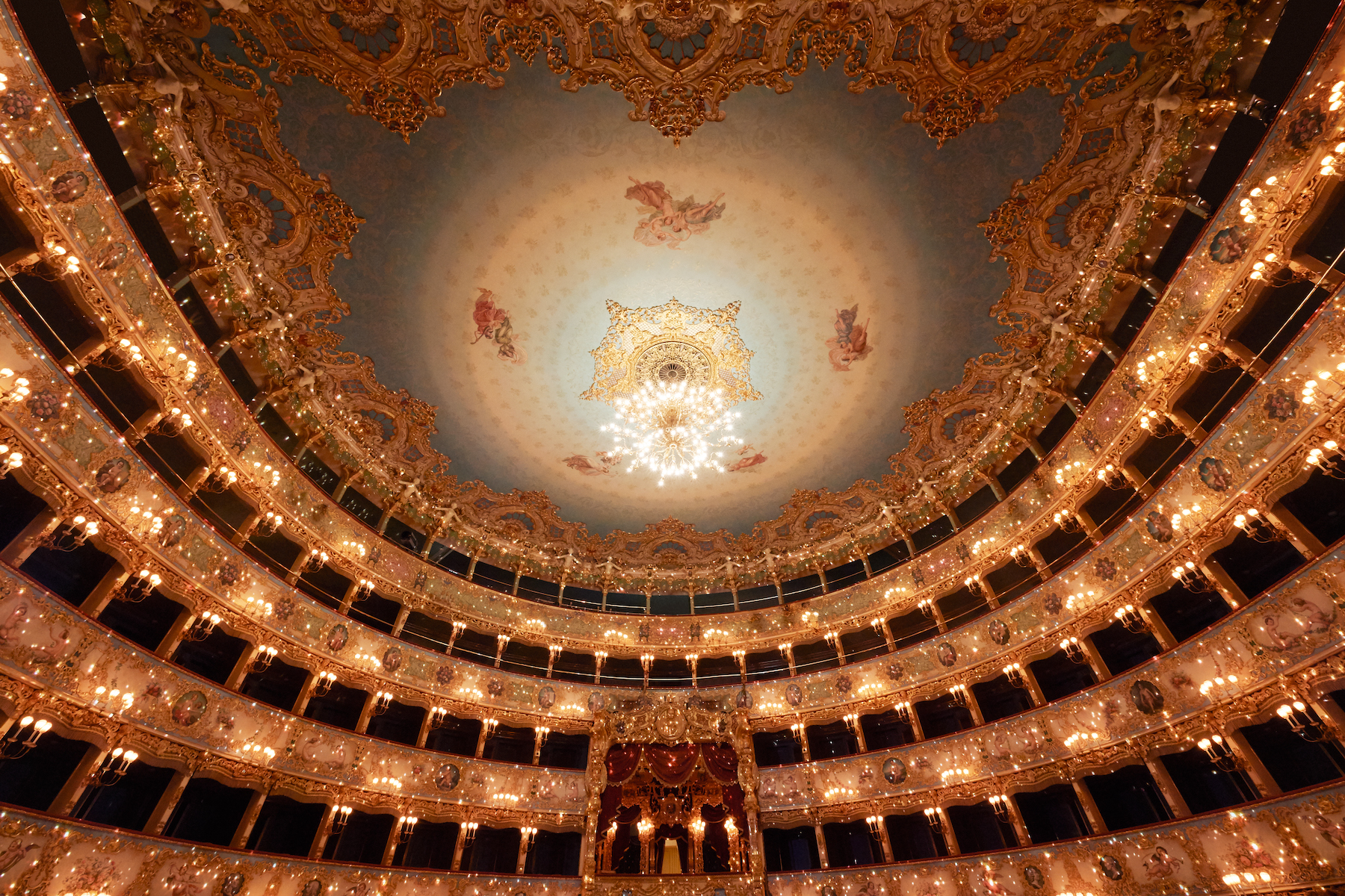 The gilded painted ceiling of Venice’s Teatro La Fenice