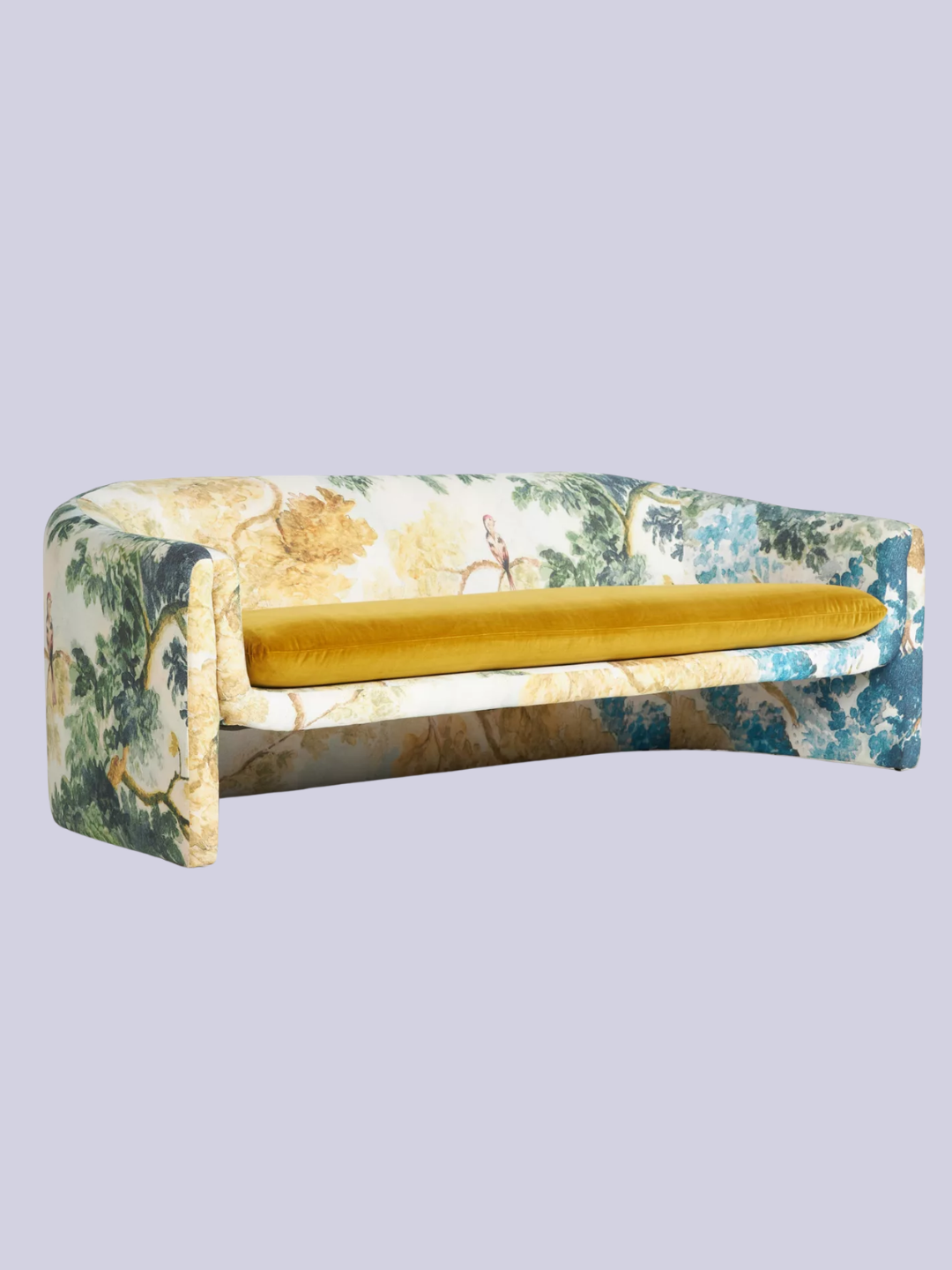 A bright fauna-themed sculptural judarn sofa from Anthropologie