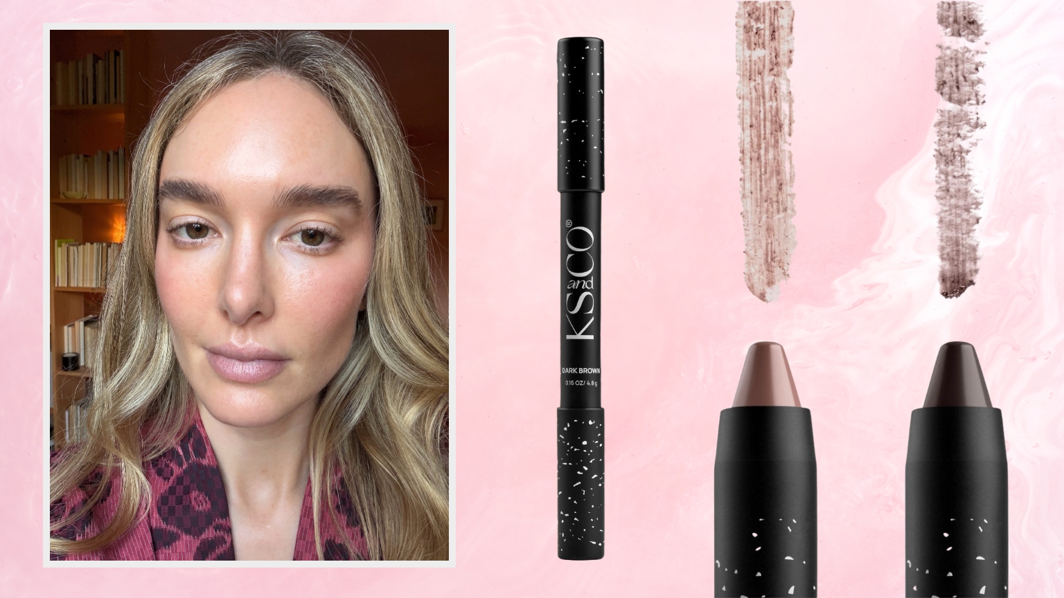 a blonde woman with full brown eyebrows on a pink background next to a black eyebrow pencil in packaging and two eyebrow pencil tips