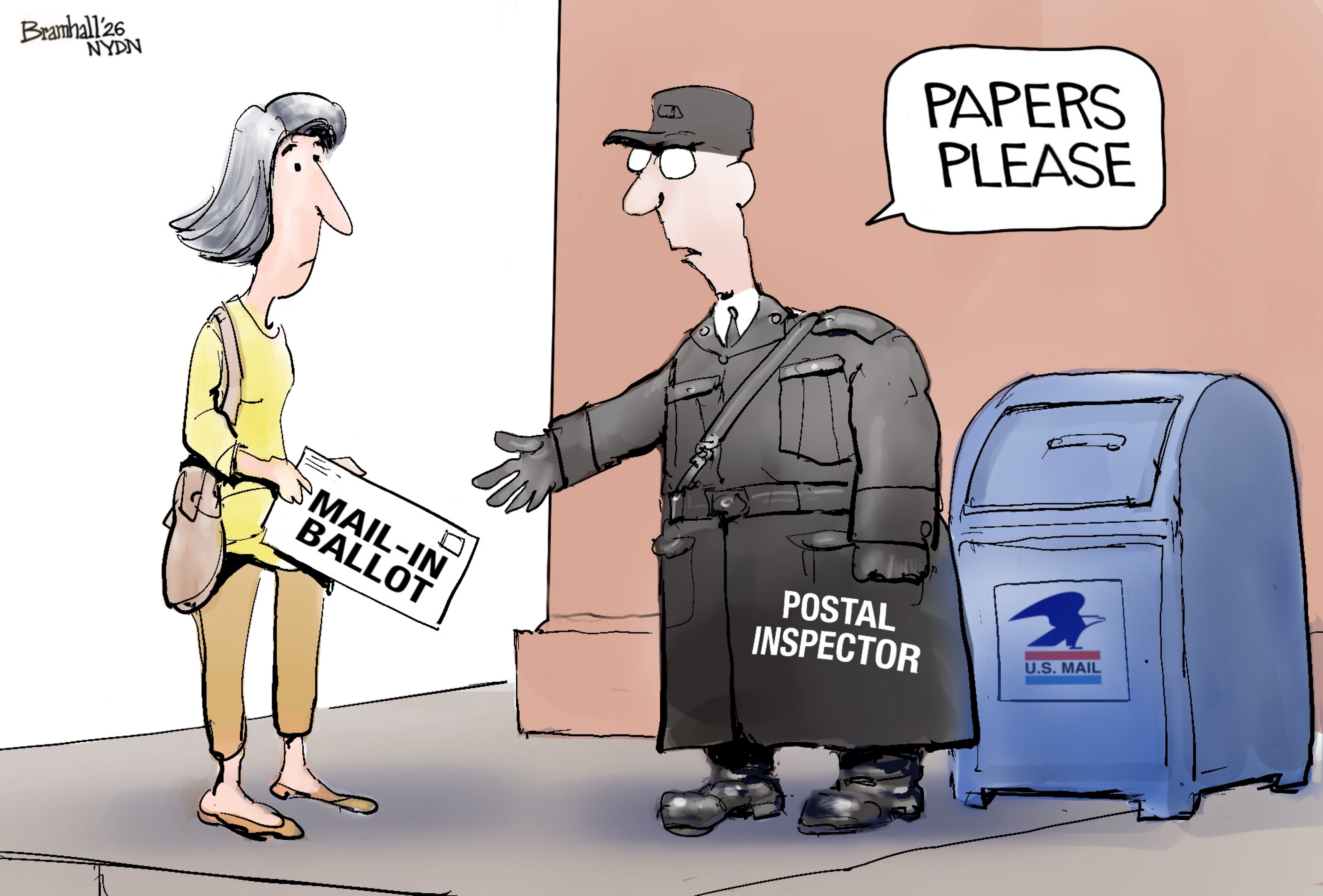 A woman stands on a sidewalk and holds a mail-in ballot. She's blocked from the U.S. mailbox by a male postal inspector dressed in fascist-like clothing, including a leather jacket, boots and gloves. The man says, &amp;quot;Papers please.&amp;quot;