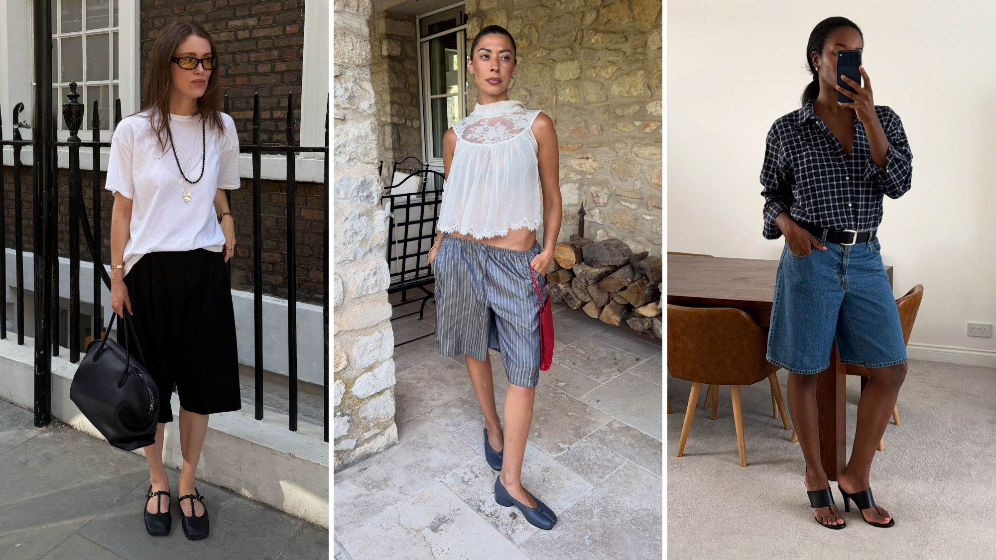 Bermuda Shorts styled with flats, heels and different top styles