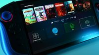 Lenovo Legion Go 2 interface running WinHanced, displaying recent games with vibrant artwork, library, and Xbox and Steam icons. Blue highlights create a tech-savvy and immersive mood.