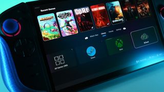 Lenovo Legion Go 2 interface running WinHanced, displaying recent games with vibrant artwork, library, and Xbox and Steam icons. Blue highlights create a tech-savvy and immersive mood.
