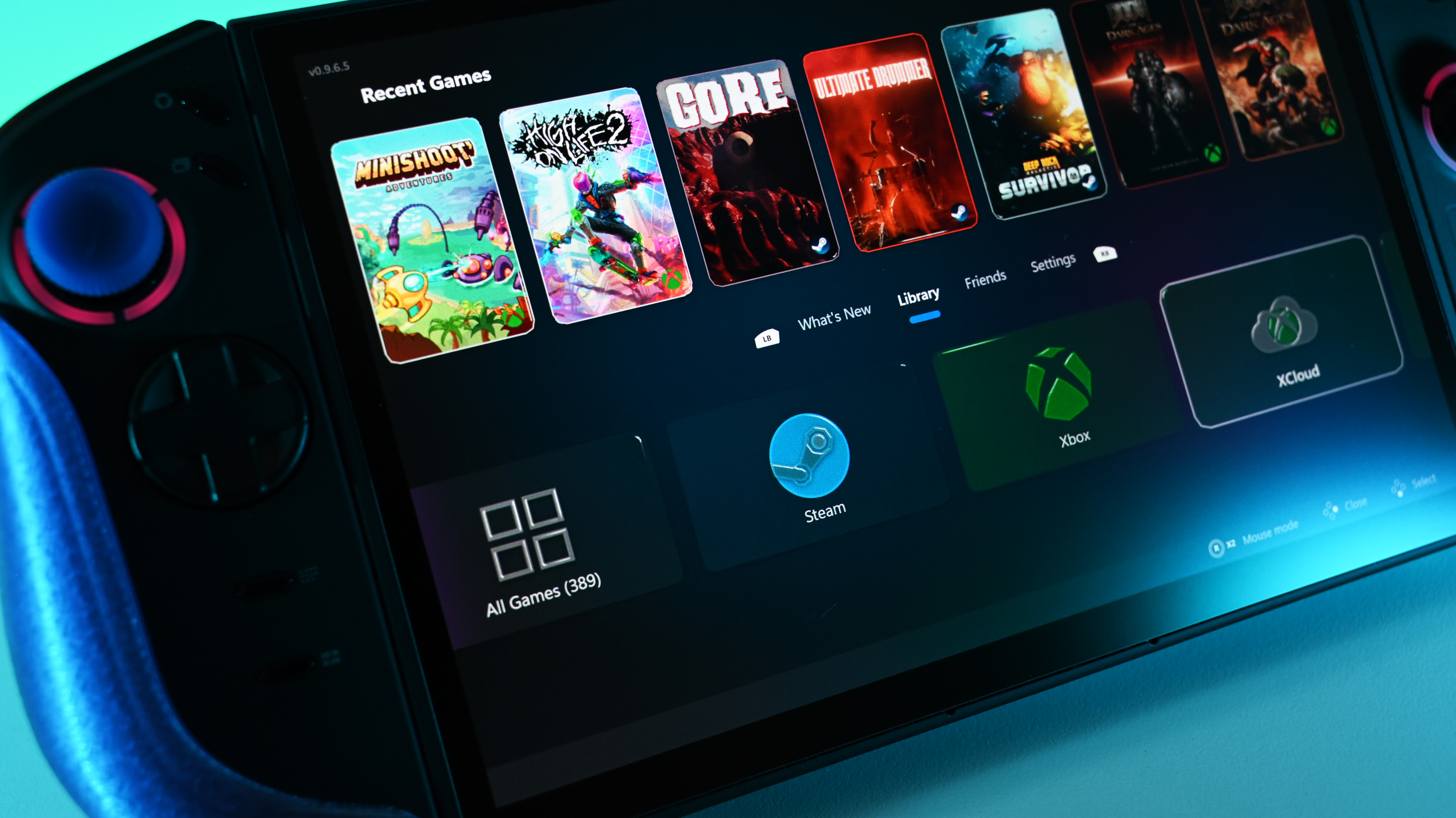 Lenovo Legion Go 2 interface running WinHanced, displaying recent games with vibrant artwork, library, and Xbox and Steam icons. Blue highlights create a tech-savvy and immersive mood.