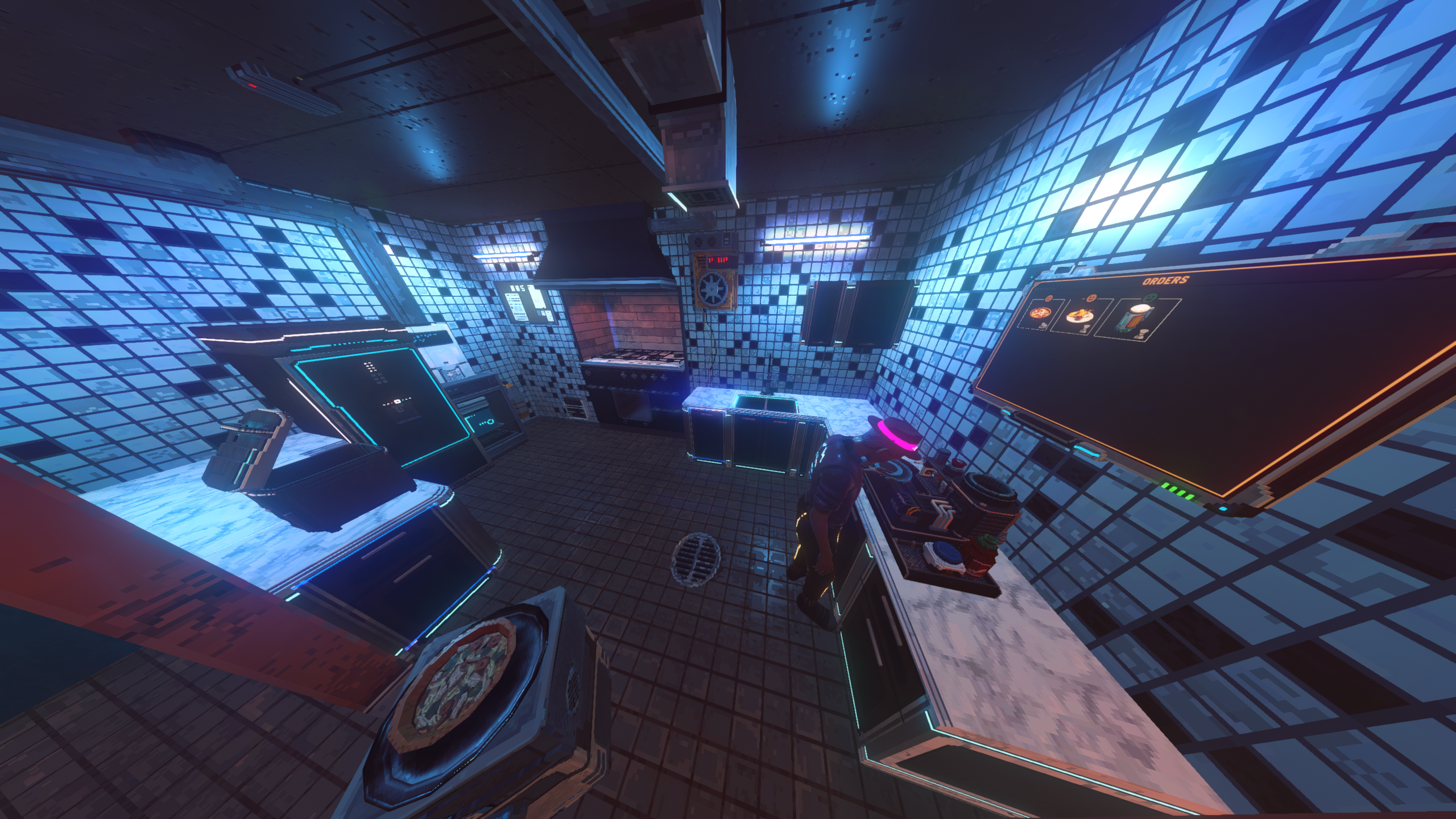 Nivalis Nights - Ramen Noir's ddefault kitchen layout with a food processor on the elft and sink in back.