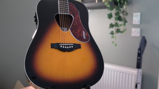 Gretsch G5024E in a living room with plants in the background