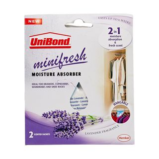 White and purple UniBond packaging with pictures of lavender and clothes on it