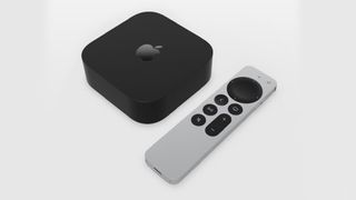A top, side view of both the Apple TV 4K model and the hand control, side by side.