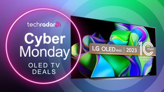 LG C3 next to a sign saying Cyber Monday OLED TV deals