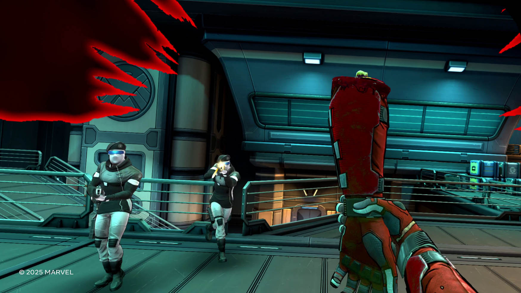 Deadpool holds his own severed arm as guards approach in Marvel's Deadpool VR