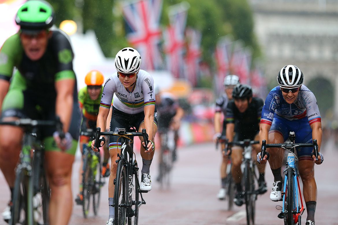 World champion Amalie Dideriksen crosses the line at the RideLondon Classique
