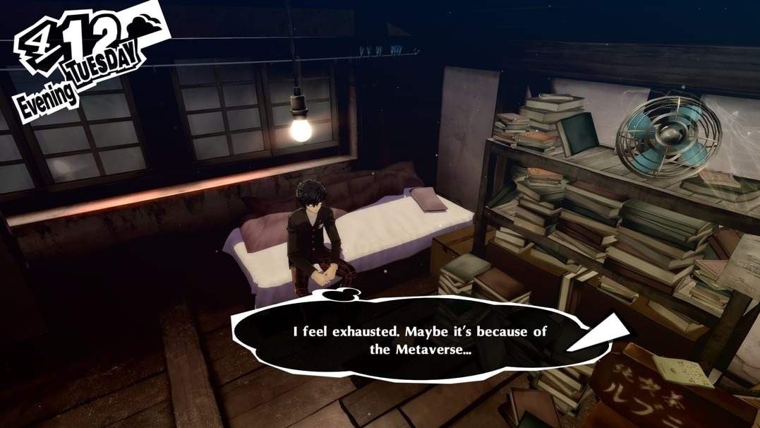 Une image de Joker dans Persona 5 pensant, "Je me sens épuisé.  C'est peut-être à cause du métavers ?"