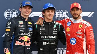 Pole position qualifier Andrea Kimi Antonelli, Second placed qualifier Max Verstappen and Third placed qualifier Lewis Hamilton