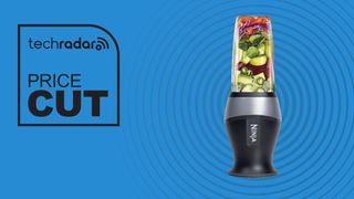 The Ninja QB3001smoothie makes against a blue background, with Tech Radar and price cut written to the left.