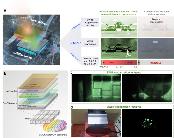 a) Diagram of the snake-inspired system and an imaging comparison with a conventional artificial vision system. Image: Mu, G. et al/Light Sci Appl b) How the upconverters are layered onto the CMOS sensors. c) The system can &amp;ldquo;see&amp;rdquo; through vials of different chemicals and a silicon wafer, which would normally block visible light. d) An array of light sources seen through a silicon wafer by the artificial vision system.