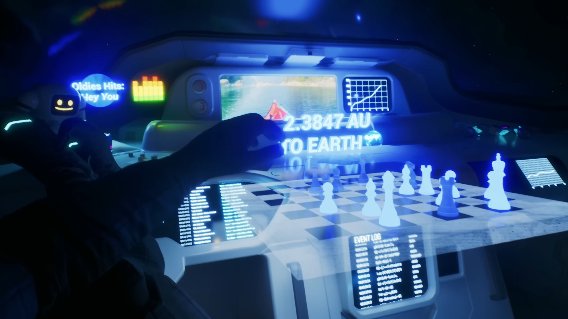 A player playing virtual chess in their space ship during the trailer for Forest 3