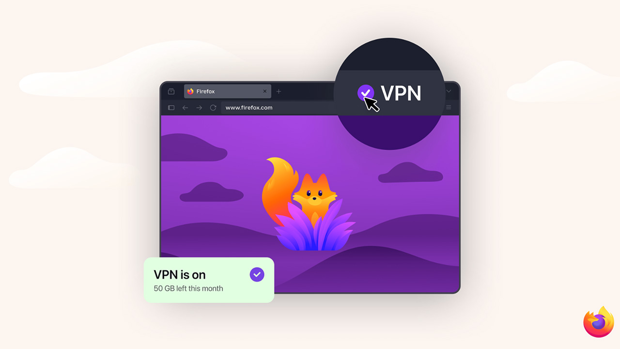 Stylised graphic of Firefox VPN displayed on desktop browser