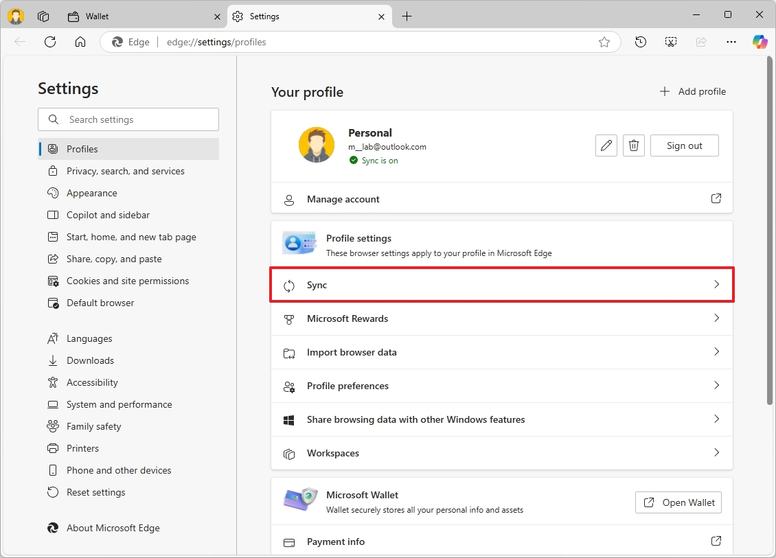 Microsoft Edge Sync settings
