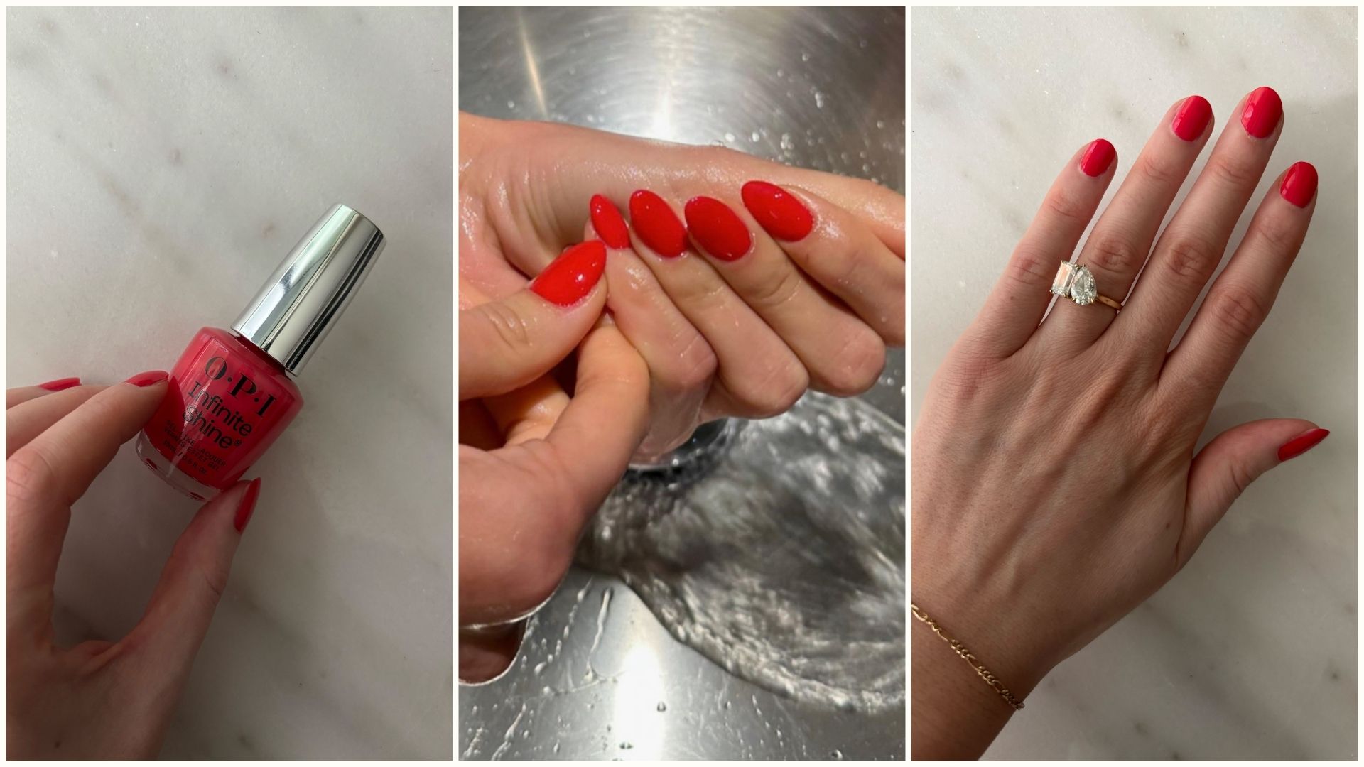 A collage of women wearing the OPI Cajun Shrimp nail polish