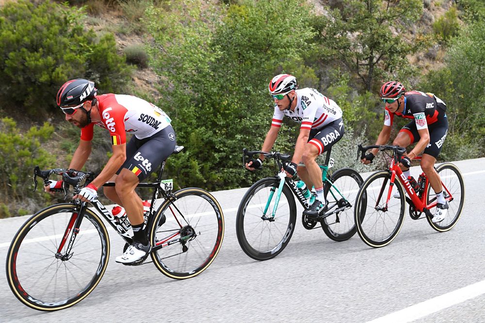 Thomas De Gendt, Lukas Postlberger, Dylan Teuns during stage 11 at the Vuelta a Espana