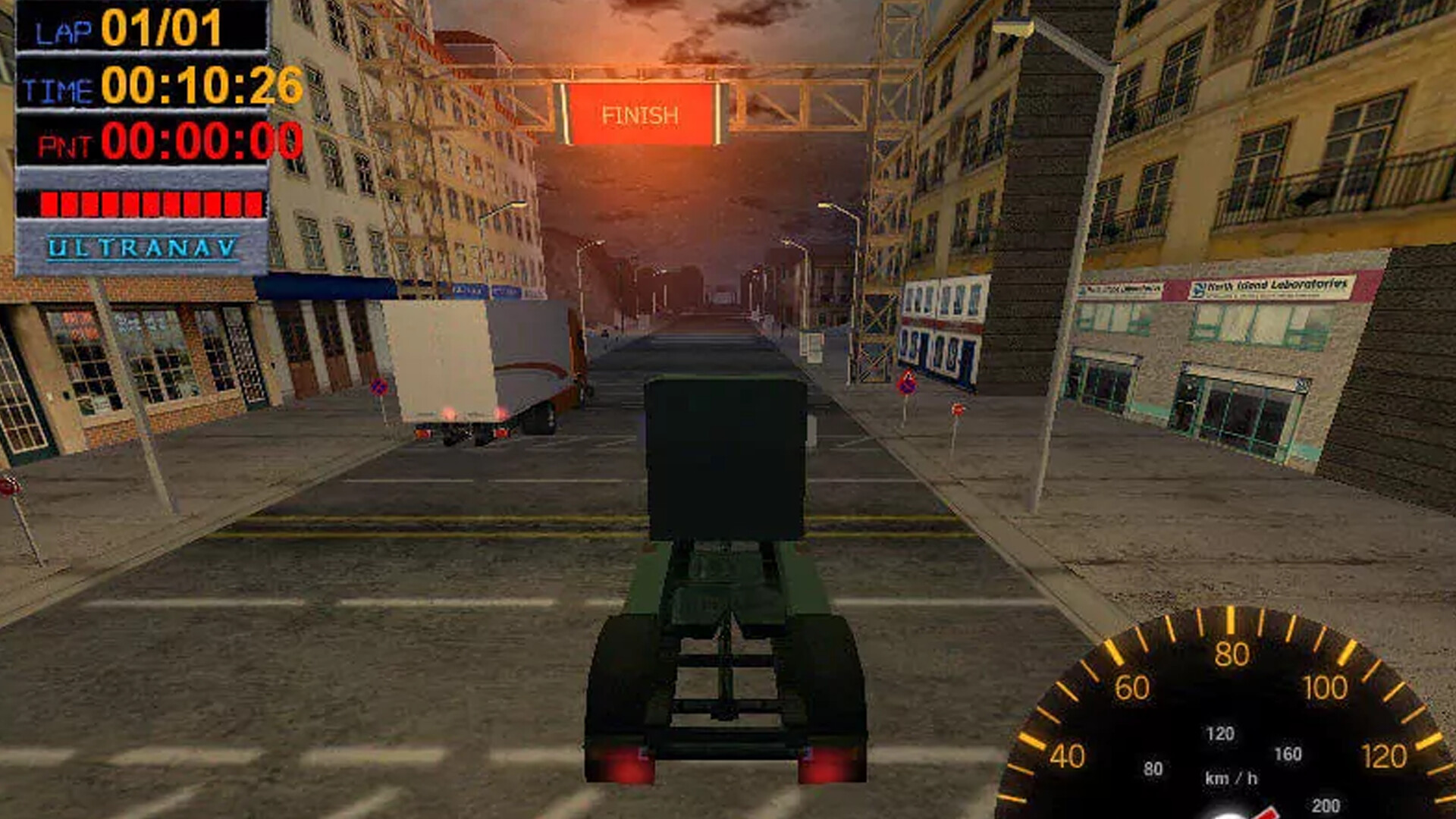 Big Rigs gameplay showing truck approaching finish line in vaguely urban environment