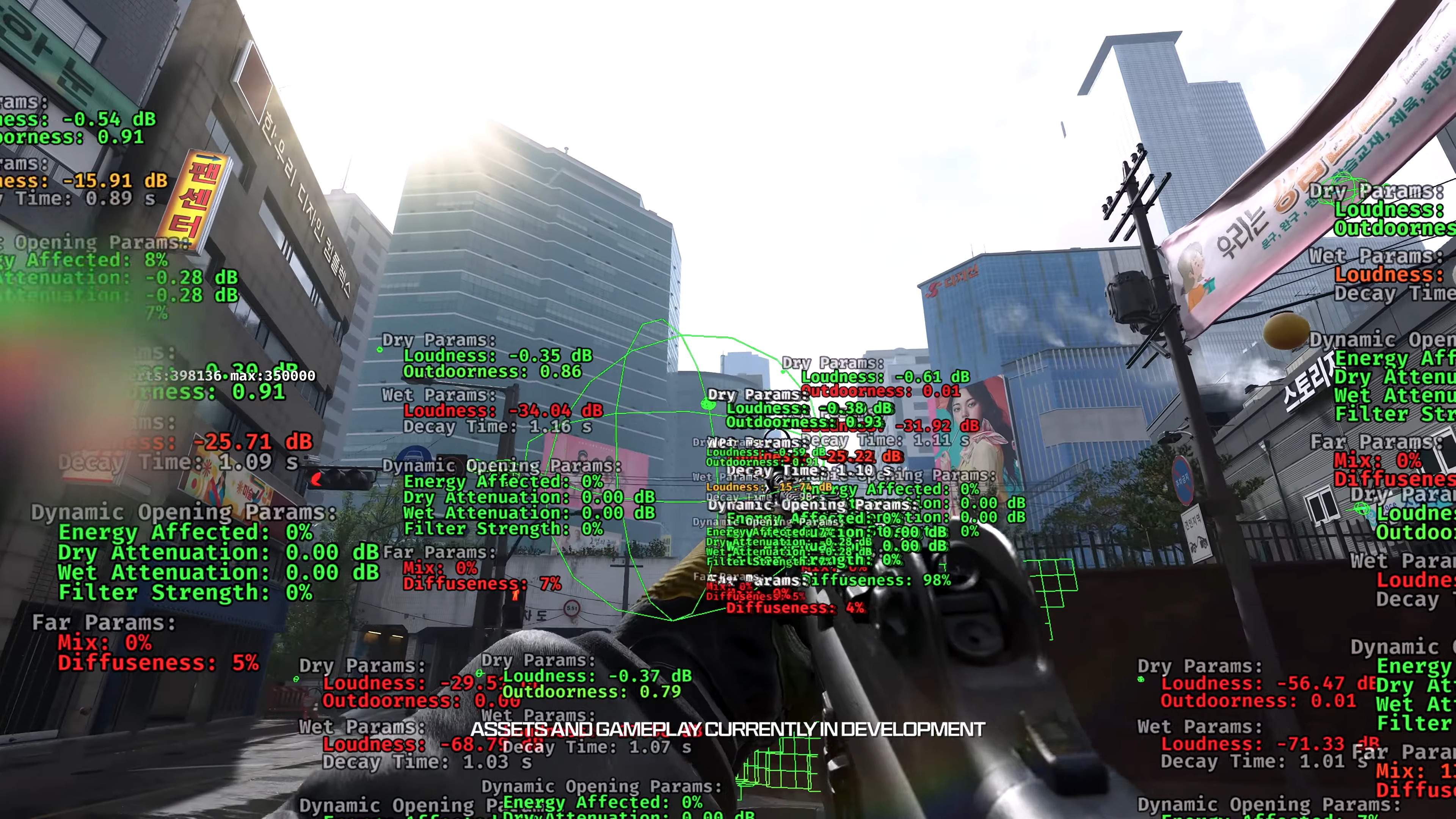 Call of Duty: Modern Warfare 4 development screenshot showing audio reverb using Microsoft Triton technology.