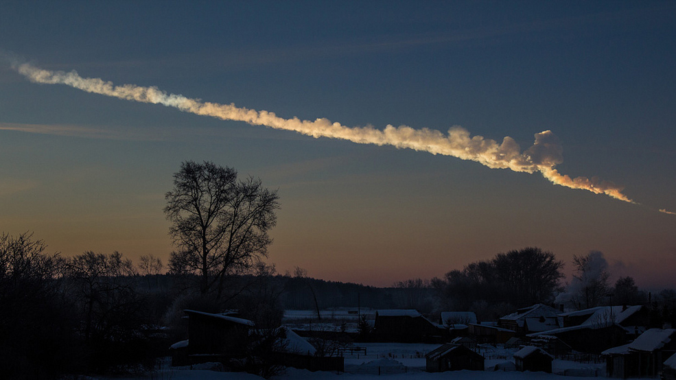 The trail of smoke left behind by the Chelyabinsk meteorite before it fell into a local lake.