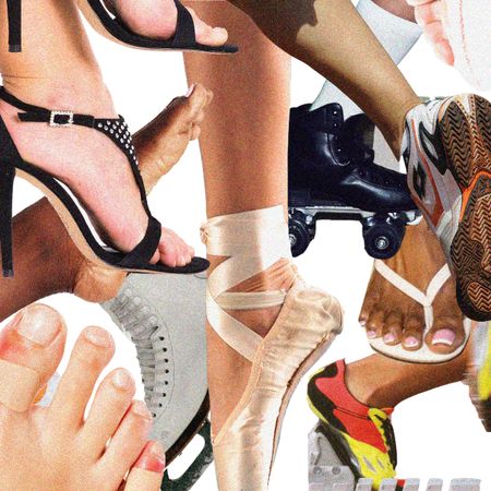 collage of different athletic feet, including ballet shoes, heels, roller blades, and more