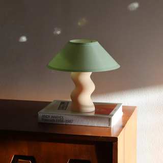 small mushroom lamp with green shade and tan base