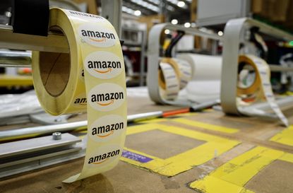 PETERBOROUGH, ENGLAND - NOVEMBER 15:A close-up of Amazon gift-wrap packaging labels in the Amazon Fulfilment centre on November 15, 2017 in Peterborough, England.A report in the US has sugges