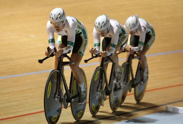 Australian women's team pursuit team ride during their bronze medal race