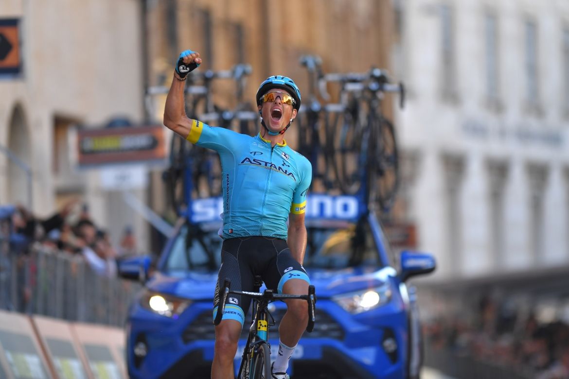 Jakob Fuglsang celebrates his stage victory