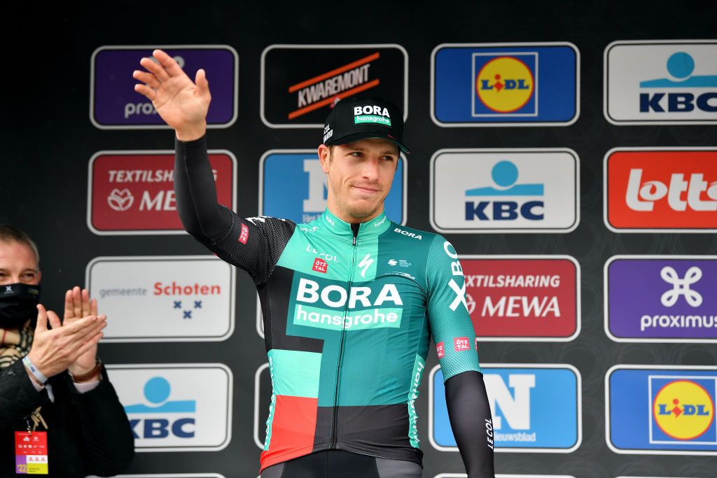SCHOTEN BELGIUM APRIL 06 Danny Van Poppel of Netherlands and Team Bora Hansgrohe celebrates winning the second place on the podium ceremony after the 110th Scheldeprijs 2022 Mens Elite a 1987km one day race from Terneuzen to Schoten SP22 on April 06 2022 in Schoten Belgium Photo by Luc ClaessenGetty Images