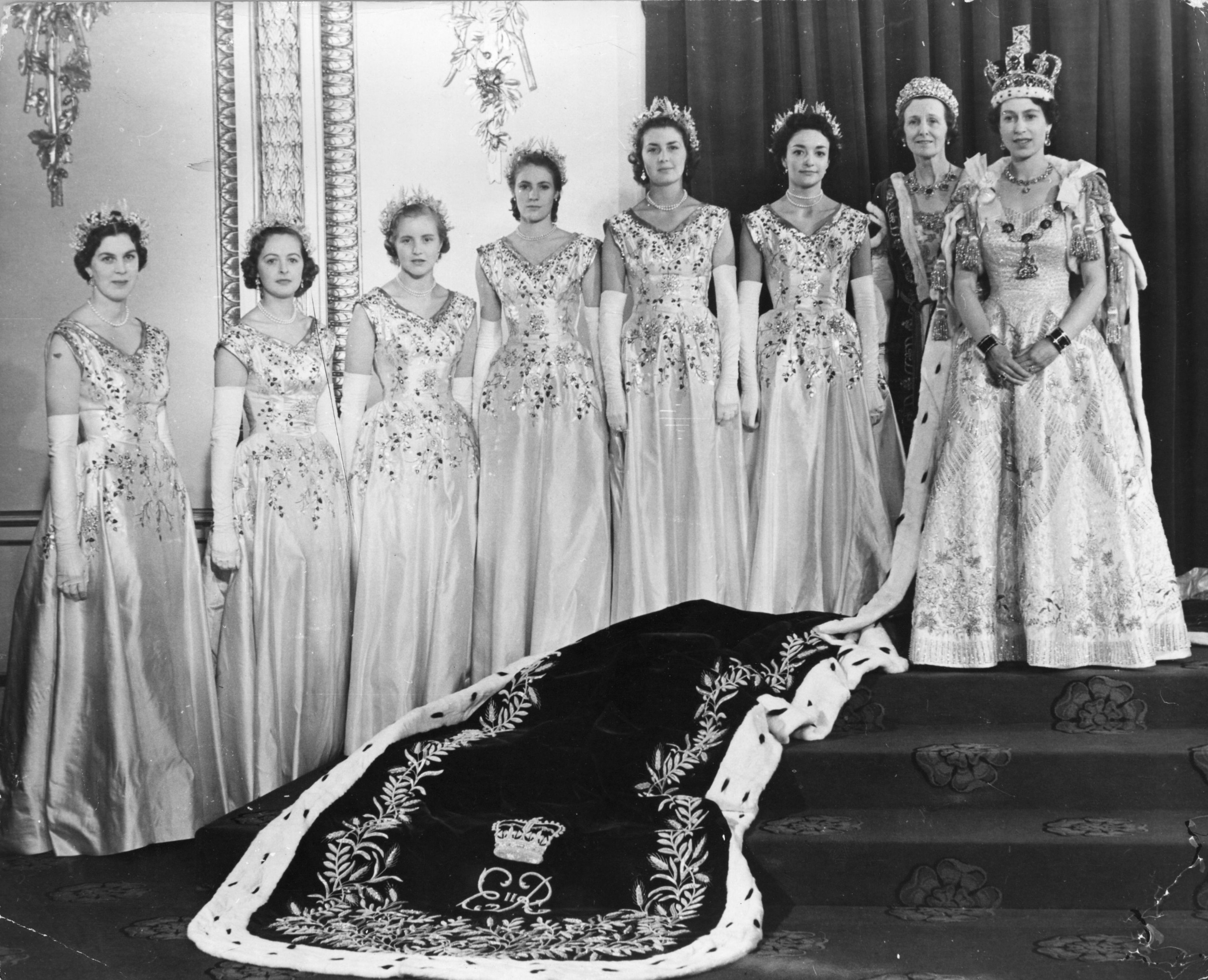 Queen Elizabeth at her coronation with her maids of honor
