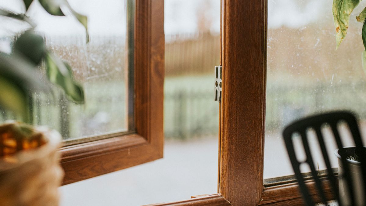 Close up of slightly open wood effect window with plant in foreground