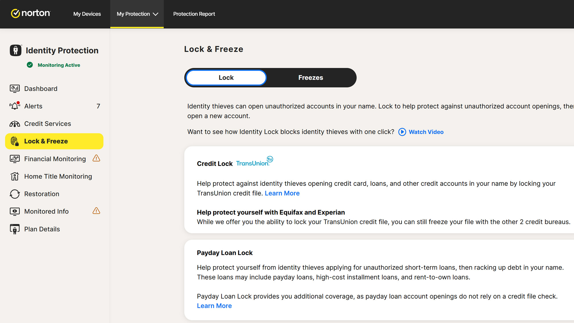 Screenshot of the LifeLock web interface