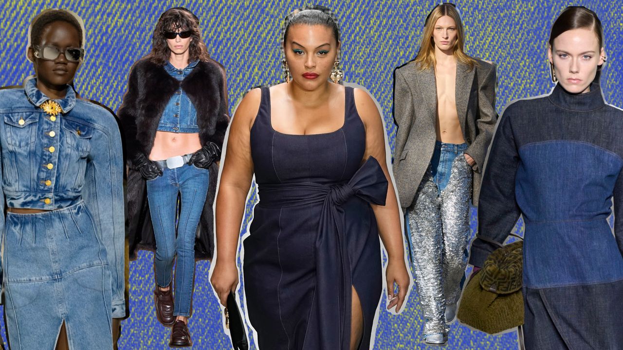 Denim trends for fall 2024 collage, featuring models wearing denim jackets, denim skirts, denim pants, denim dresses, silver coated jeans, and two tone denim dresses