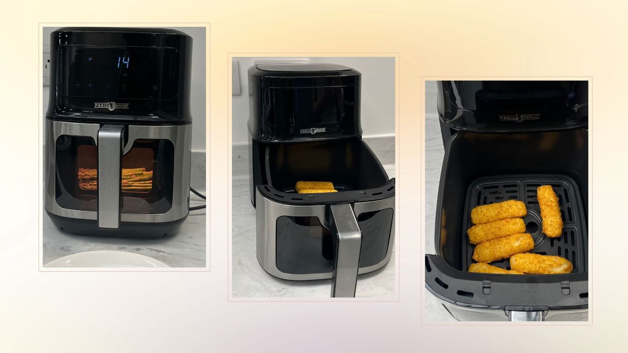 Paris Rhône Air Fryer in three small images on a woman&amp;home background