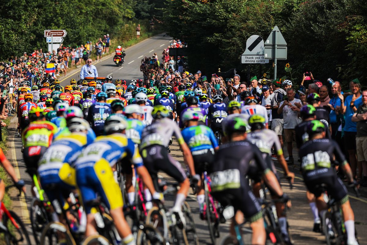 Picture by Alex Whitehead/SWpix.com - 06/09/2023 - Cycling - 2023 Tour of Britain - Stage 4: Sherwood Forest to Newark-on-Trent (166.6km) - The Peloton rolling out during the neutralised start in Sherwood Forest